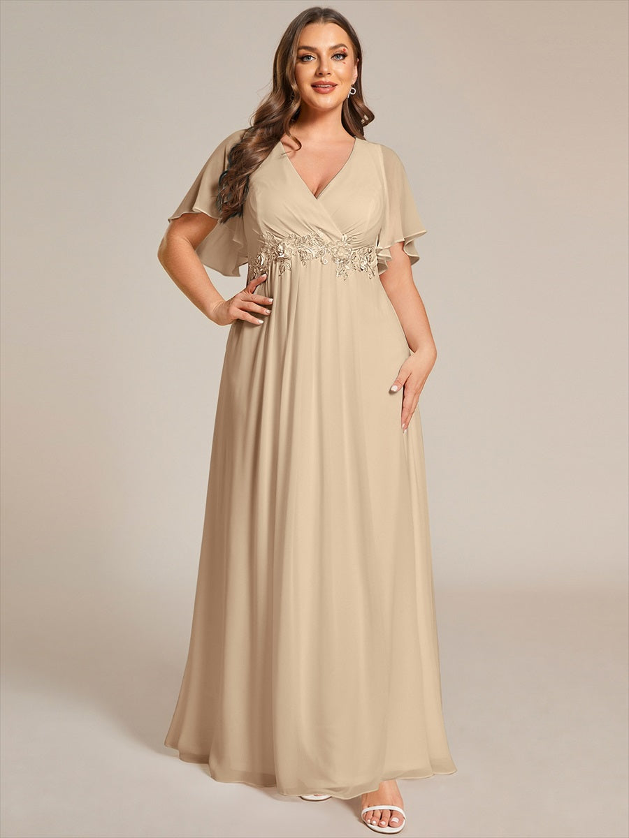Funkelndes Abendkleid in A-Linie mit Empire-Taille und langen ?rmeln #farbe_Champagner