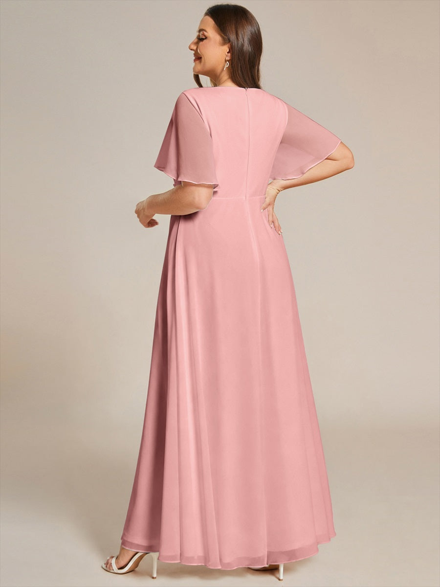 Funkelndes Abendkleid in A-Linie mit Empire-Taille und langen ?rmeln #Farbe_Altrosa