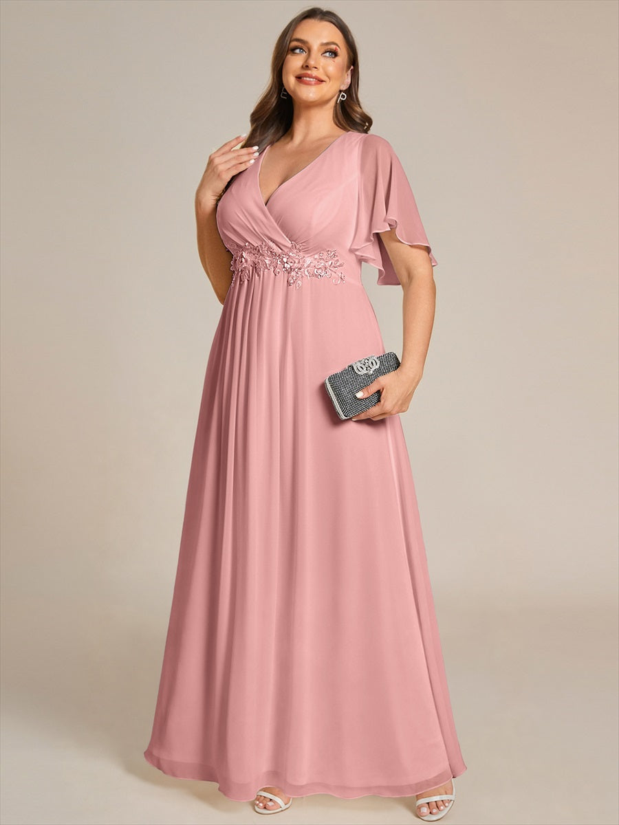 Funkelndes Abendkleid in A-Linie mit Empire-Taille und langen ?rmeln #Farbe_Altrosa