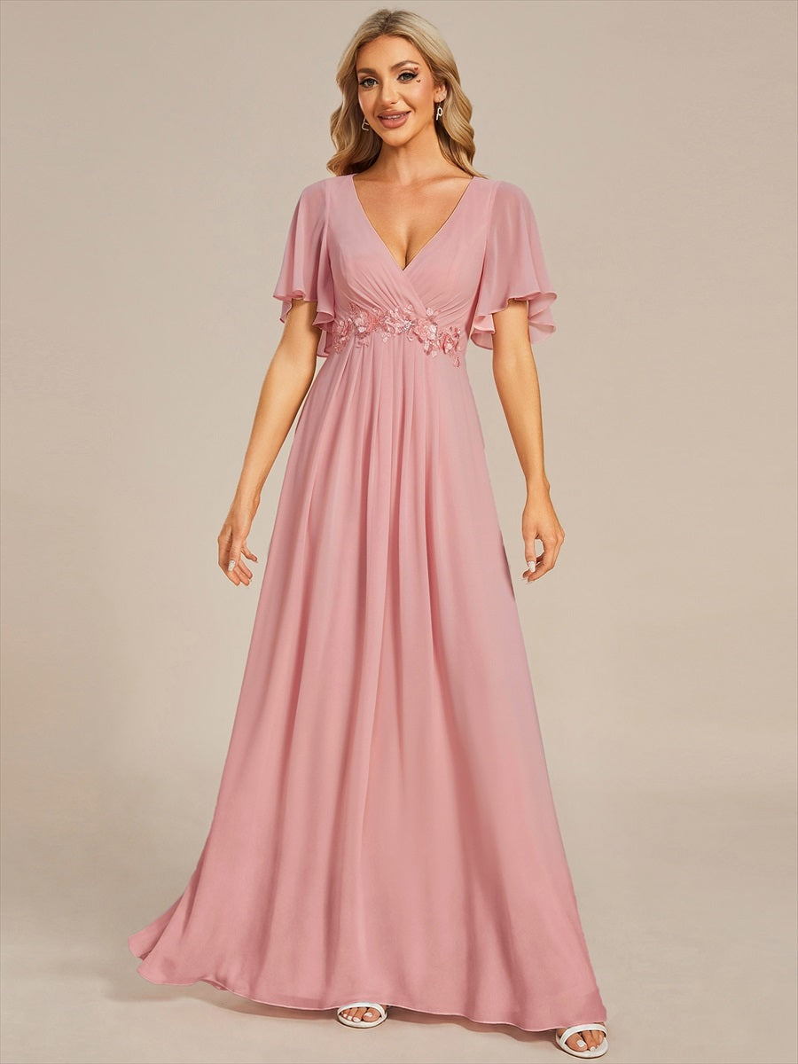 Funkelndes Abendkleid in A-Linie mit Empire-Taille und langen ?rmeln #Farbe_Altrosa