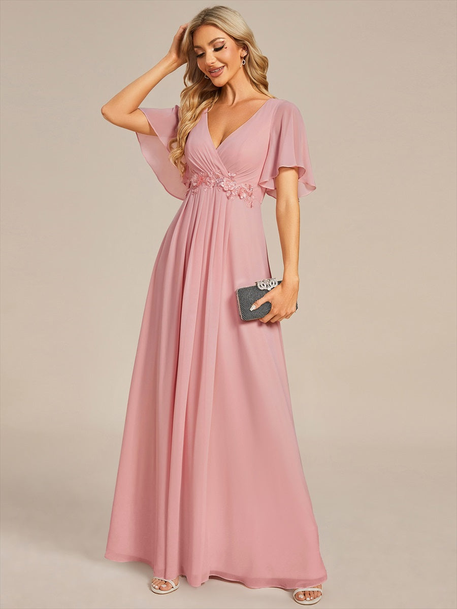 Funkelndes Abendkleid in A-Linie mit Empire-Taille und langen ?rmeln #Farbe_Altrosa