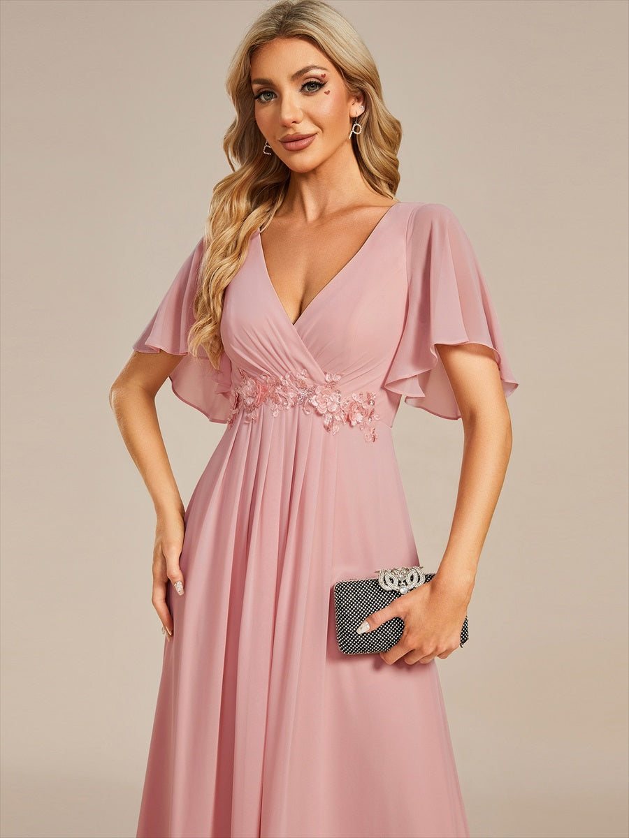 Funkelndes Abendkleid in A-Linie mit Empire-Taille und langen ?rmeln #Farbe_Altrosa