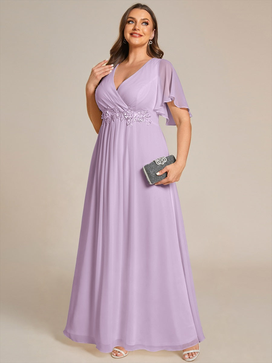 Funkelndes Abendkleid in A-Linie mit Empire-Taille und langen ?rmeln #Farbe_Mattflieder