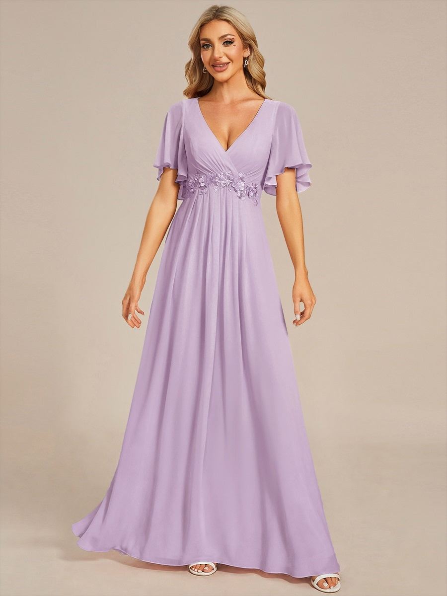 Funkelndes Abendkleid in A-Linie mit Empire-Taille und langen ?rmeln #Farbe_Mattflieder