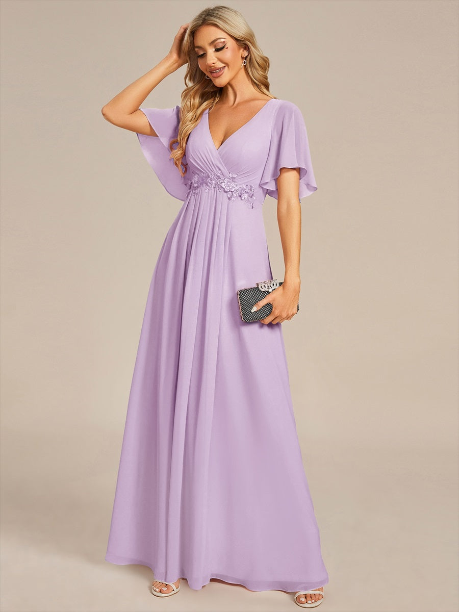 Funkelndes Abendkleid in A-Linie mit Empire-Taille und langen ?rmeln #Farbe_Mattflieder
