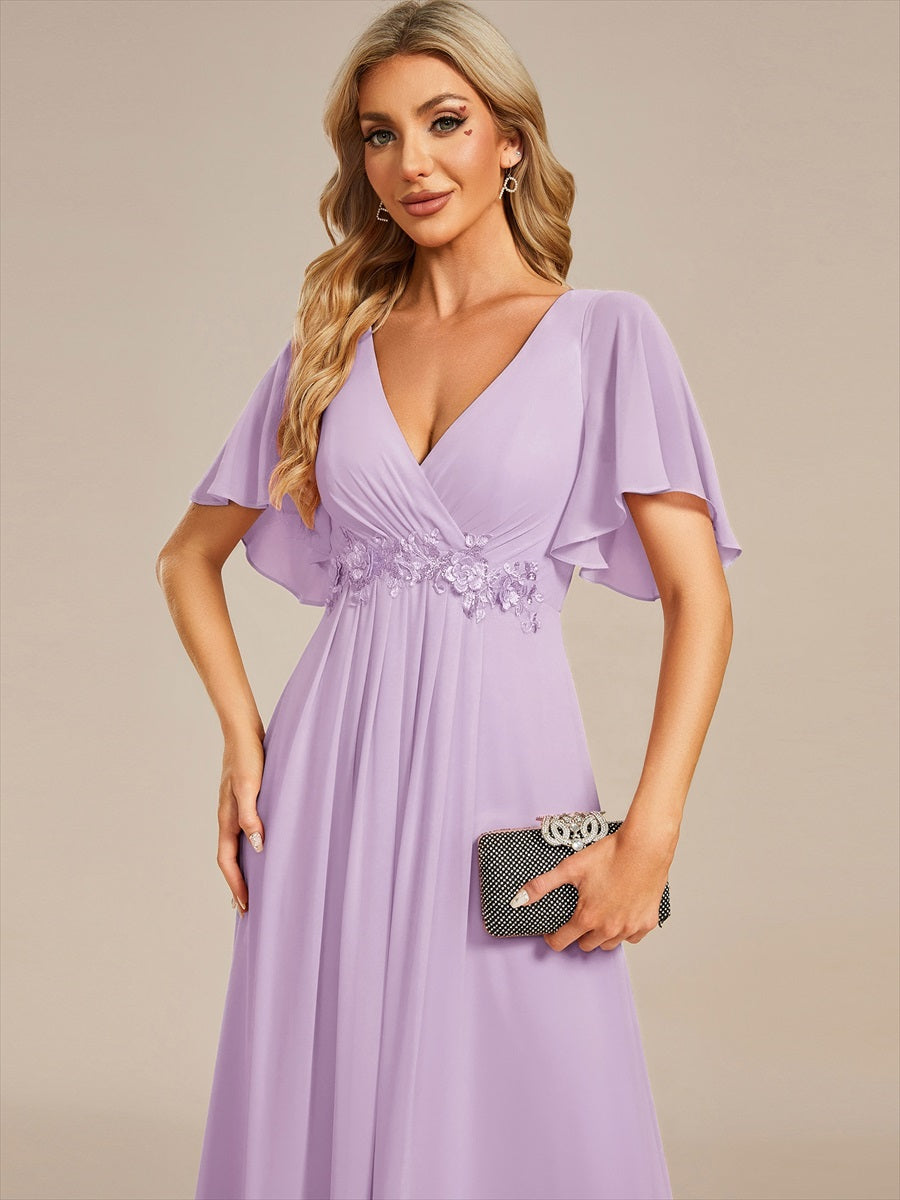 Funkelndes Abendkleid in A-Linie mit Empire-Taille und langen ?rmeln #Farbe_Mattflieder