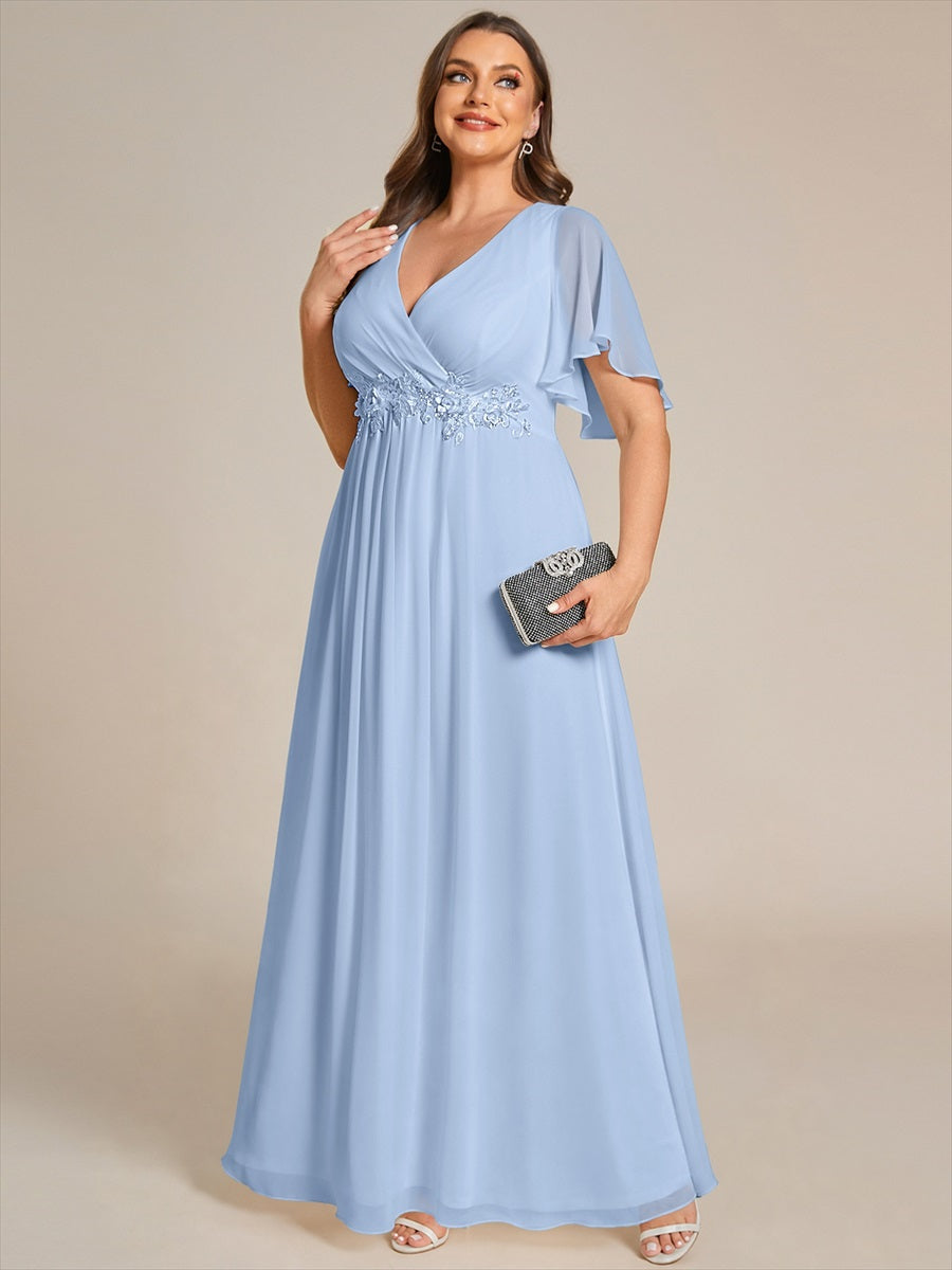 Funkelndes Abendkleid in A-Linie mit Empire-Taille und langen ?rmeln #farbe_Eisblau