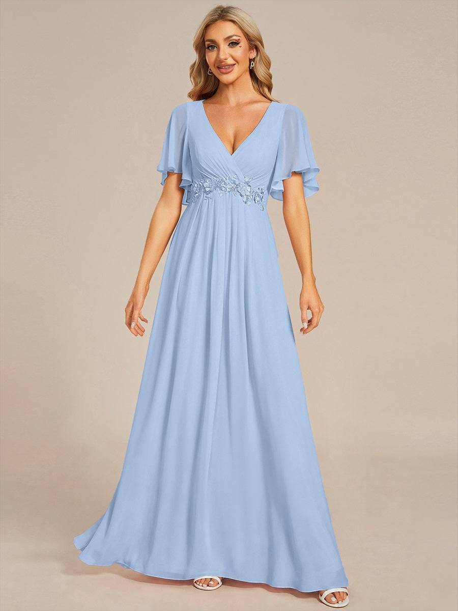 Funkelndes Abendkleid in A-Linie mit Empire-Taille und langen ?rmeln #farbe_Eisblau