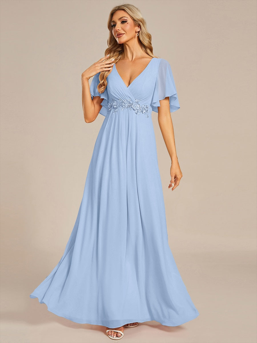 Funkelndes Abendkleid in A-Linie mit Empire-Taille und langen ?rmeln #farbe_Eisblau