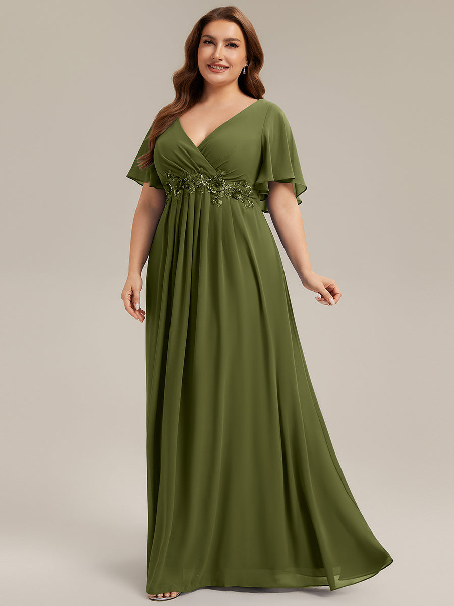 Funkelndes Abendkleid in A-Linie mit Empire-Taille und langen ?rmeln #farbe_Olivgrün