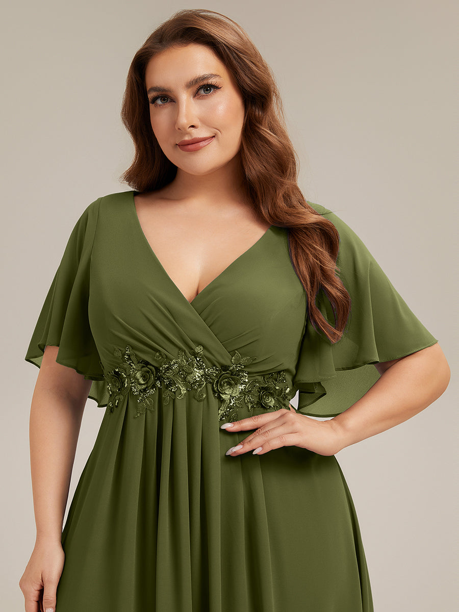 Funkelndes Abendkleid in A-Linie mit Empire-Taille und langen ?rmeln #farbe_Olivgrün