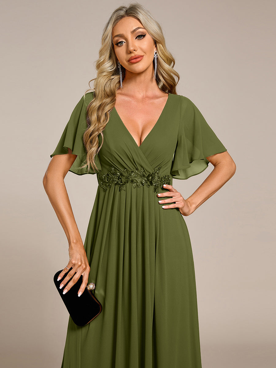 Funkelndes Abendkleid in A-Linie mit Empire-Taille und langen ?rmeln #farbe_Olivgrün