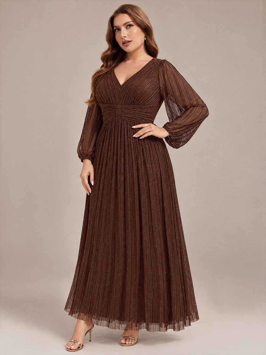 Funkelndes Abendkleid in A-Linie mit Empire-Taille und langen Ärmeln #Farbe_Schokoladenbraun