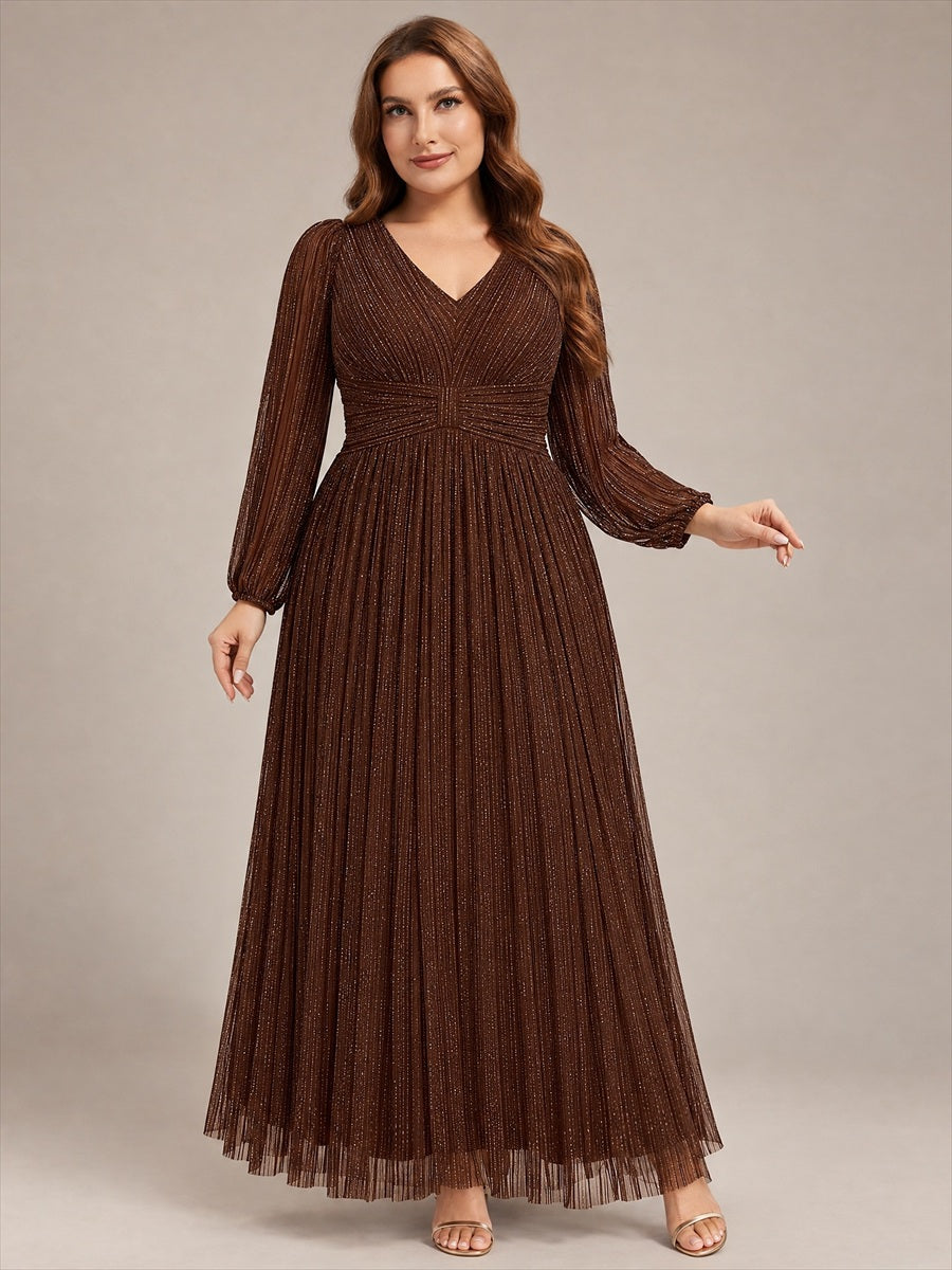 Funkelndes Abendkleid in A-Linie mit Empire-Taille und langen Ärmeln #Farbe_Schokoladenbraun