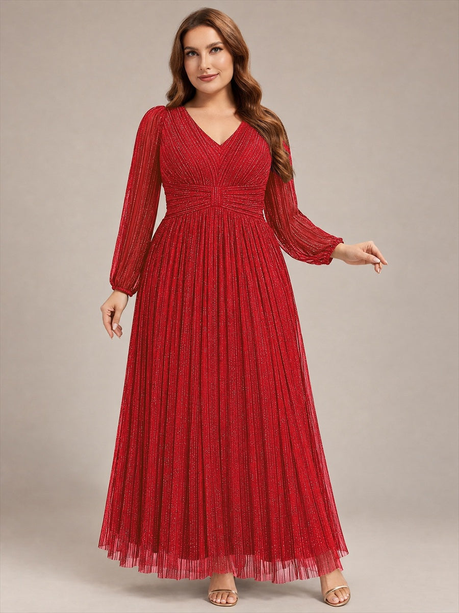 Funkelndes Abendkleid in A-Linie mit Empire-Taille und langen Ärmeln #Farbe_Rot