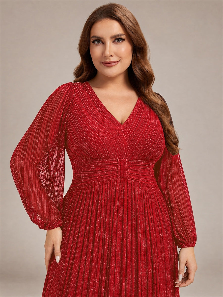 Funkelndes Abendkleid in A-Linie mit Empire-Taille und langen Ärmeln #Farbe_Rot