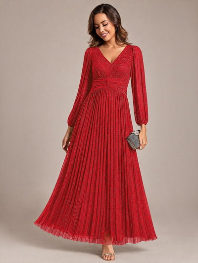 Funkelndes Abendkleid in A-Linie mit Empire-Taille und langen Ärmeln #Farbe_Rot