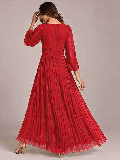 Funkelndes Abendkleid in A-Linie mit Empire-Taille und langen Ärmeln #Farbe_Rot