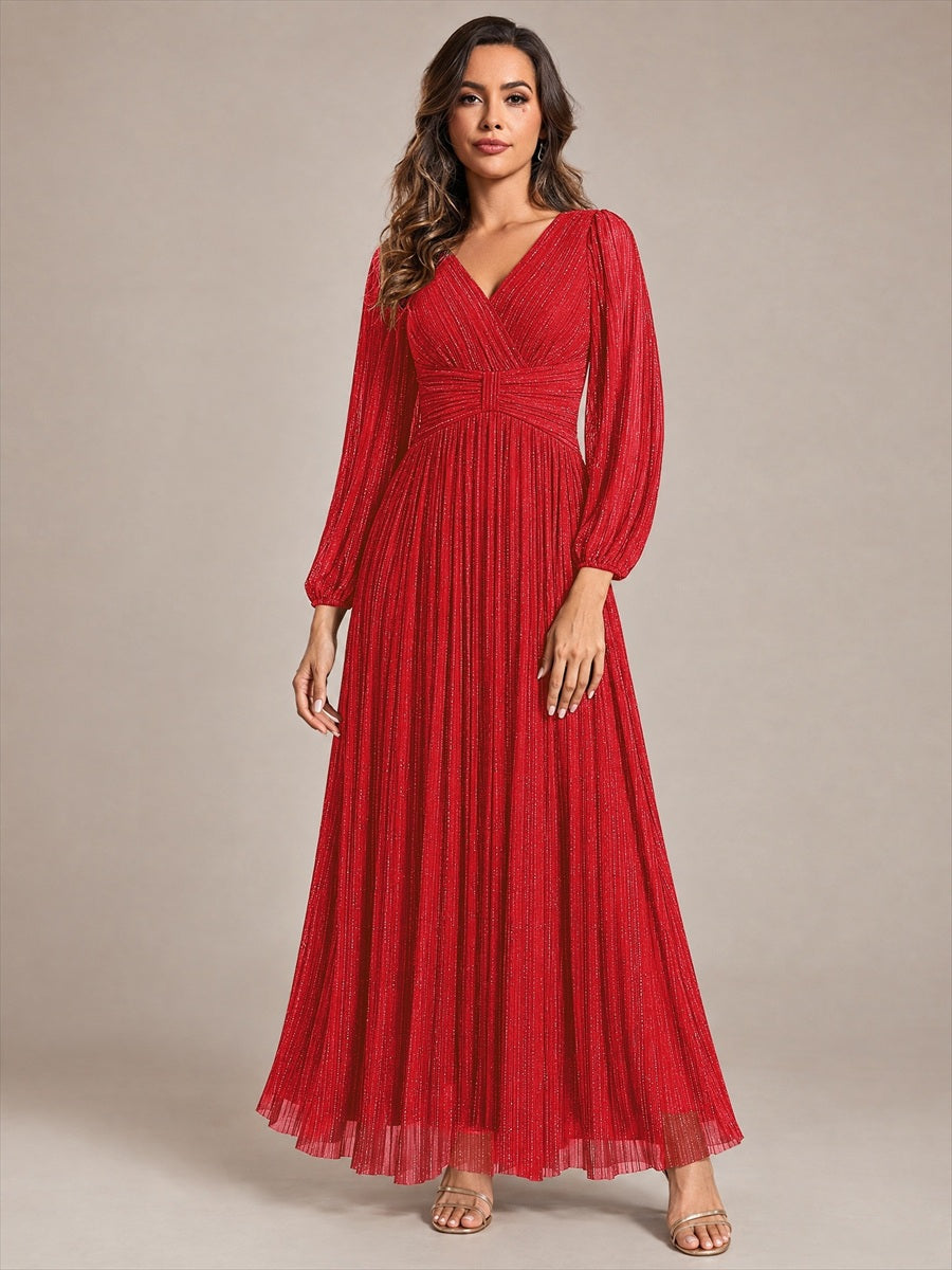 Funkelndes Abendkleid in A-Linie mit Empire-Taille und langen Ärmeln #Farbe_Rot