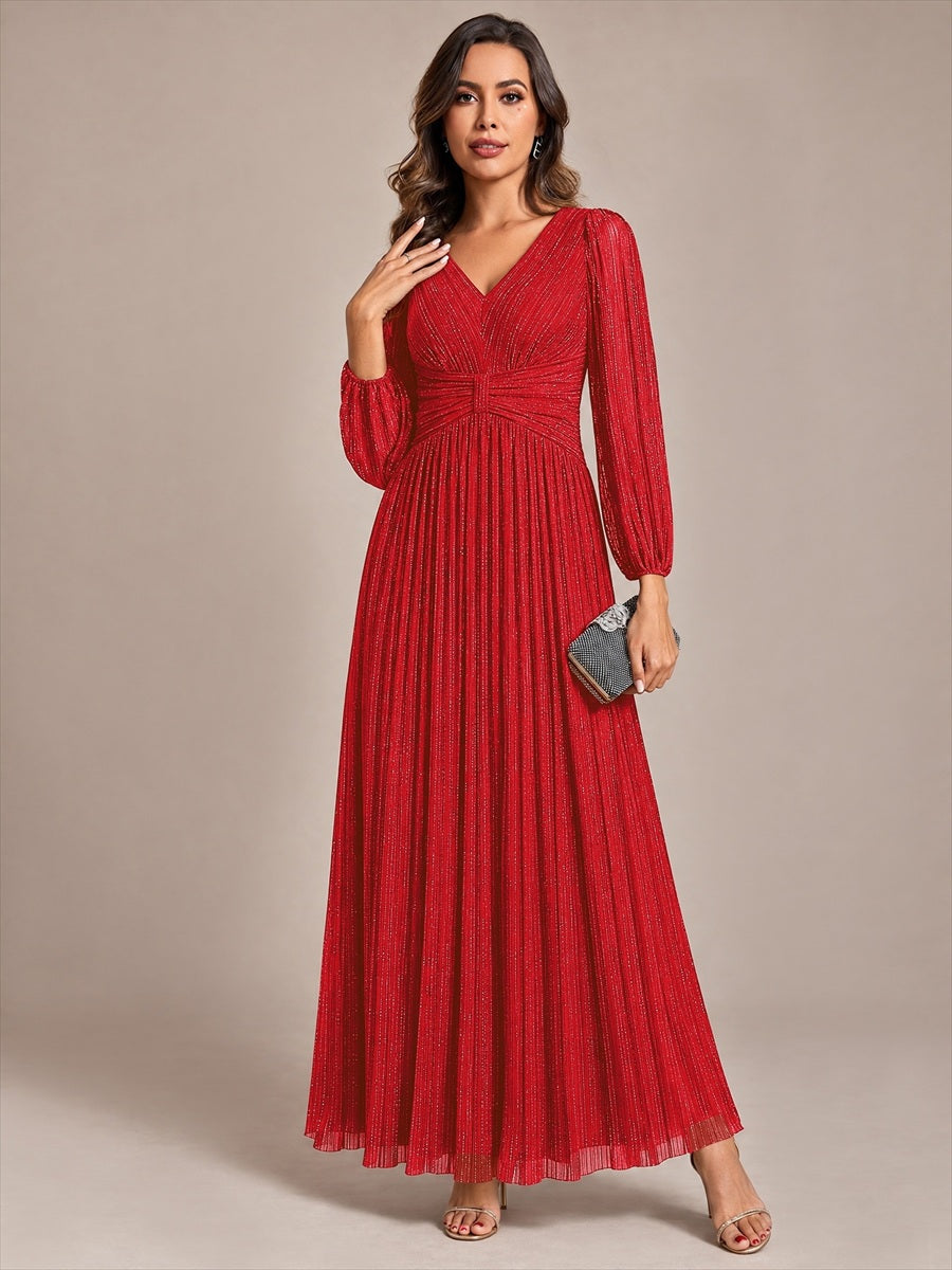 Funkelndes Abendkleid in A-Linie mit Empire-Taille und langen Ärmeln #Farbe_Rot
