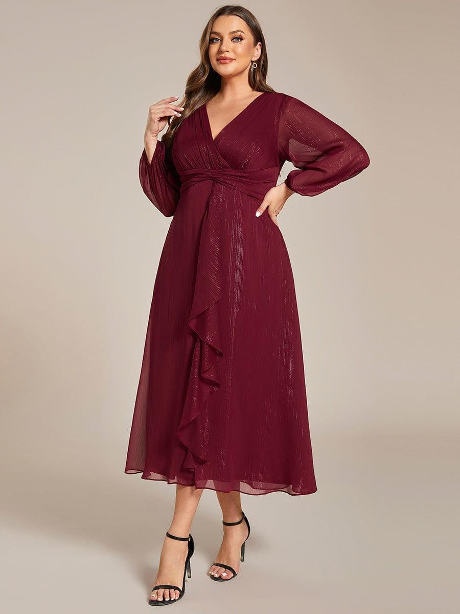 Robe d'invit¨¦ de mariage trap¨¨ze en mousseline fluide ¨¤ encolure ronde et longueur au genou #farbe_Burgundy