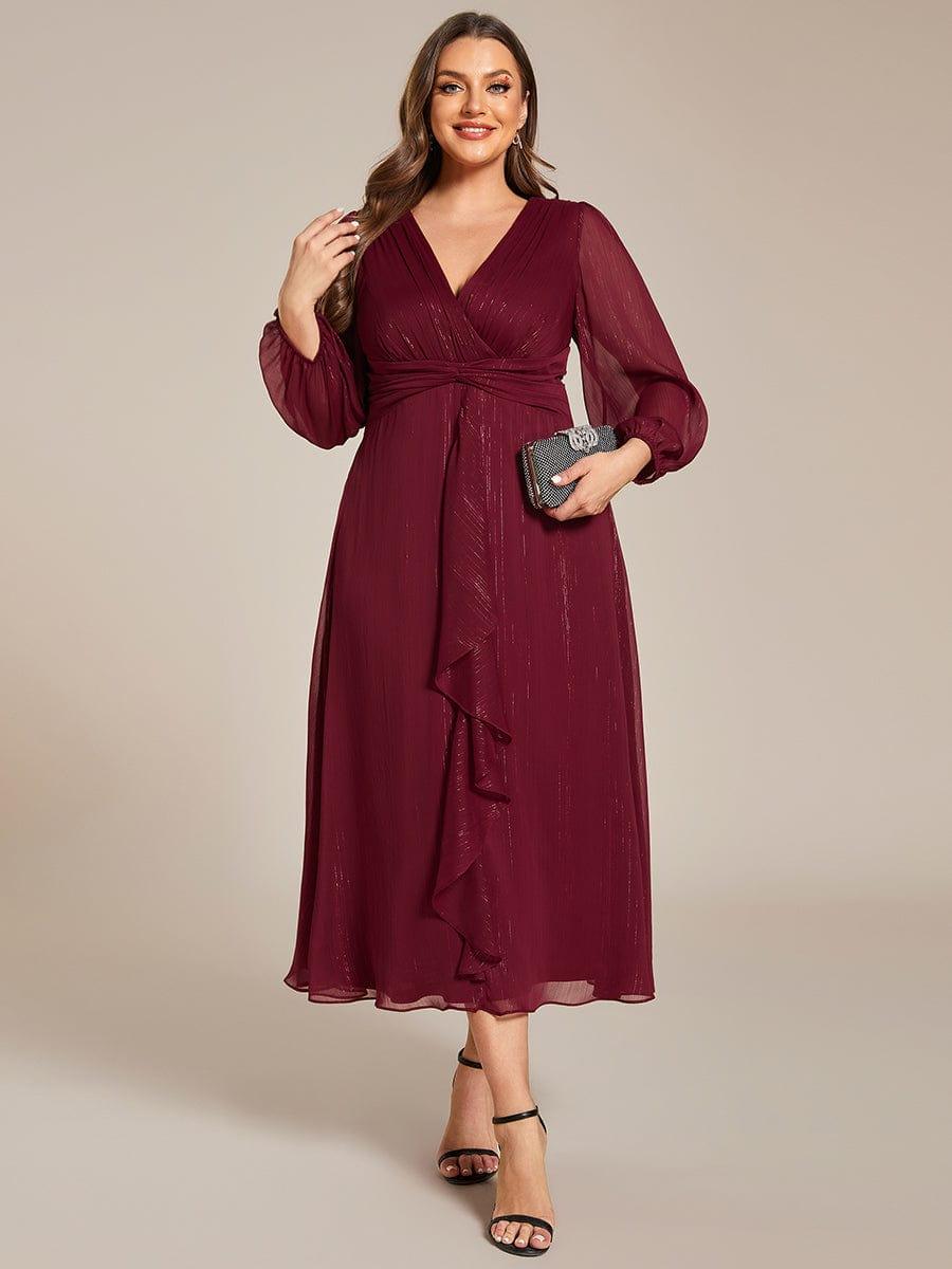 Robe d'invit¨¦ de mariage trap¨¨ze en mousseline fluide ¨¤ encolure ronde et longueur au genou #farbe_Burgundy