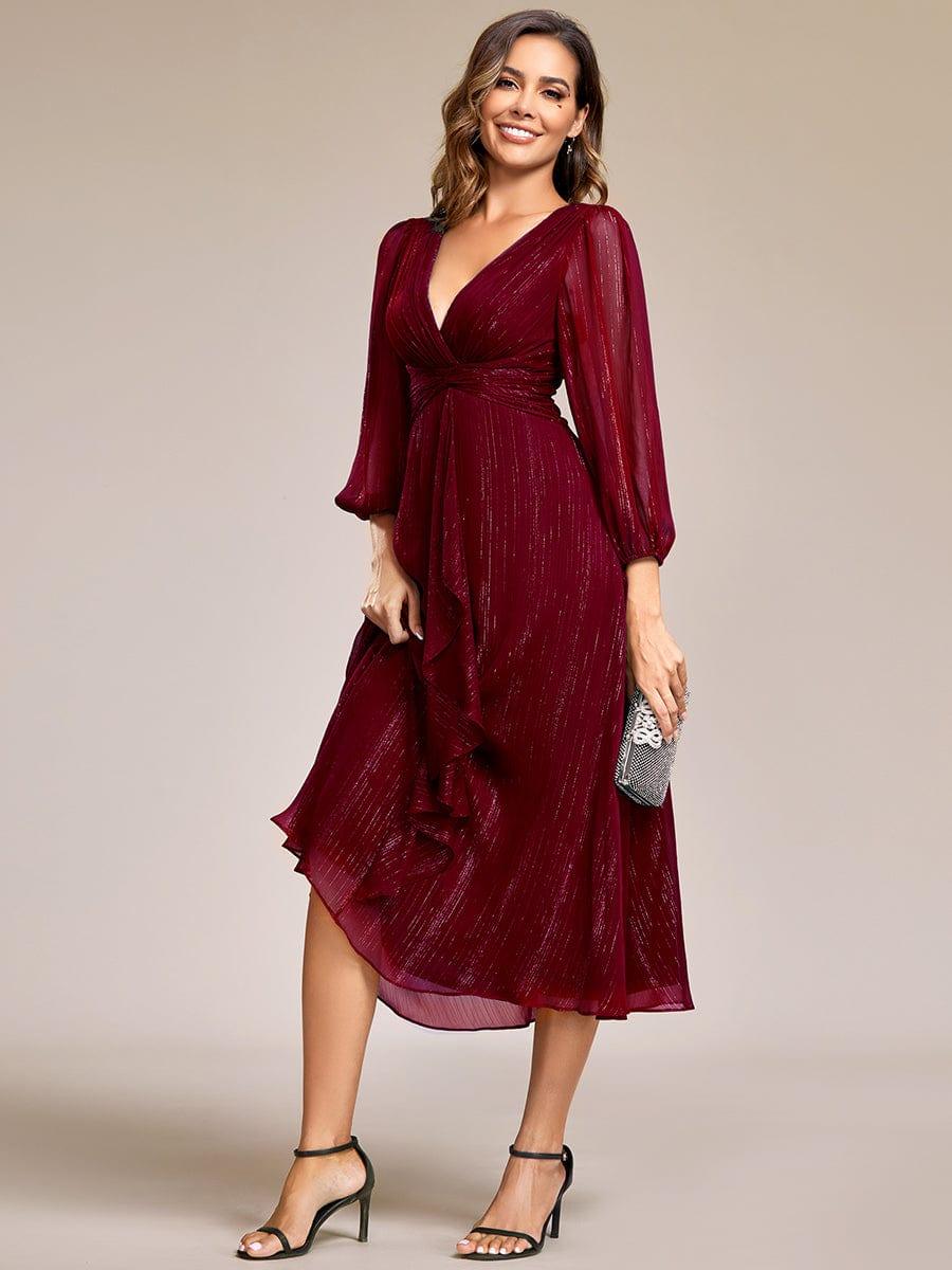 Robe d'invit¨¦ de mariage trap¨¨ze en mousseline fluide ¨¤ encolure ronde et longueur au genou #farbe_Burgundy