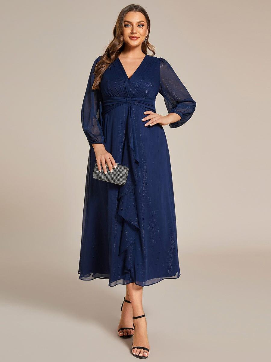 Robe d'invit¨¦ de mariage trap¨¨ze en mousseline fluide ¨¤ encolure ronde et longueur au genou #farbe_Navy Blau