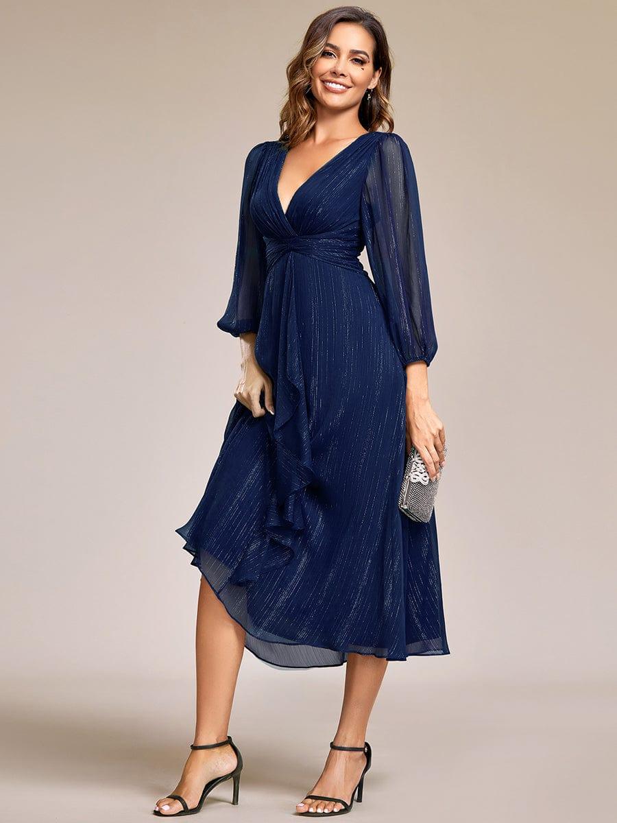 Robe d'invit¨¦ de mariage trap¨¨ze en mousseline fluide ¨¤ encolure ronde et longueur au genou #farbe_Navy Blau