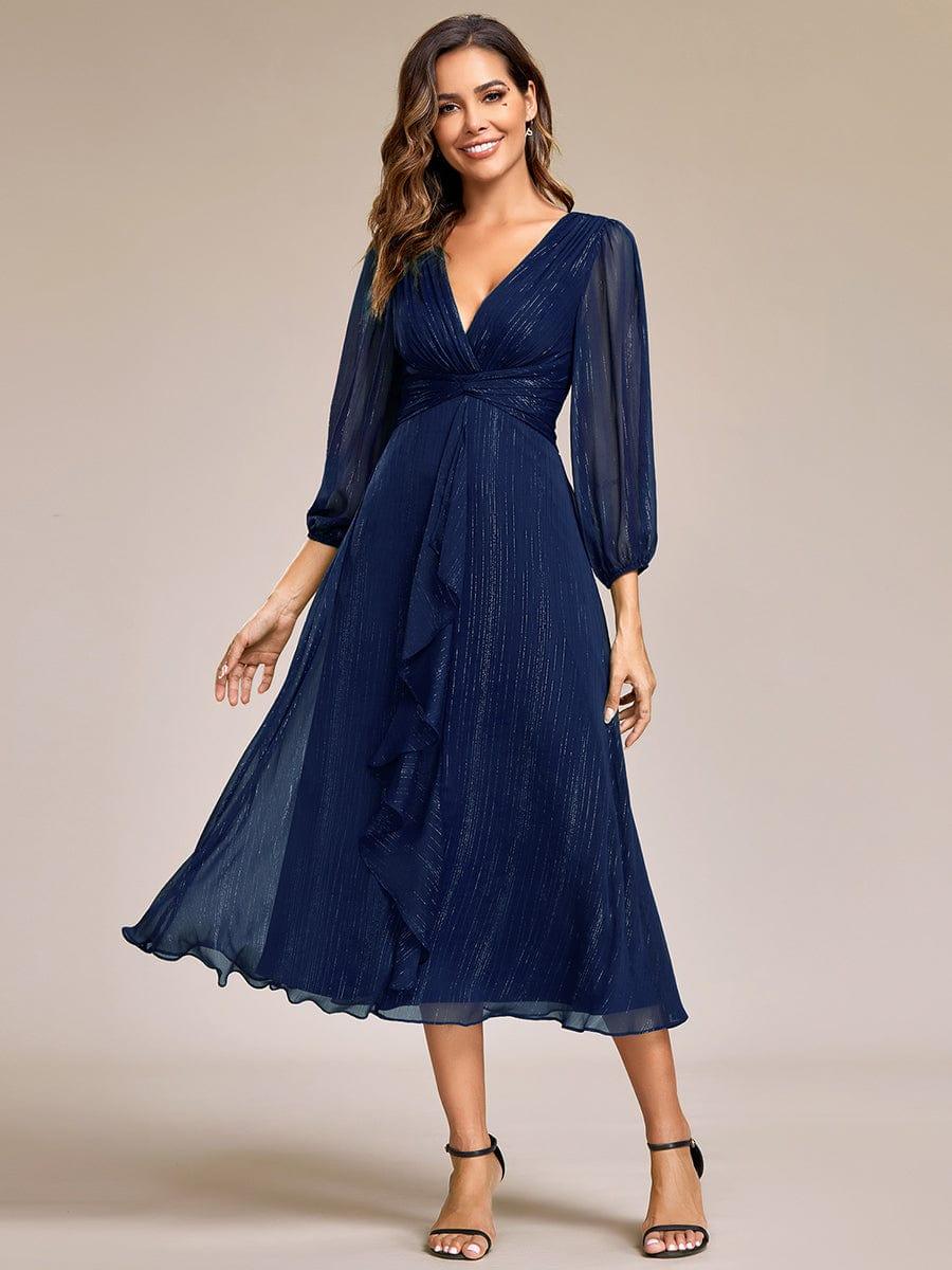 Robe d'invit¨¦ de mariage trap¨¨ze en mousseline fluide ¨¤ encolure ronde et longueur au genou #farbe_Navy Blau