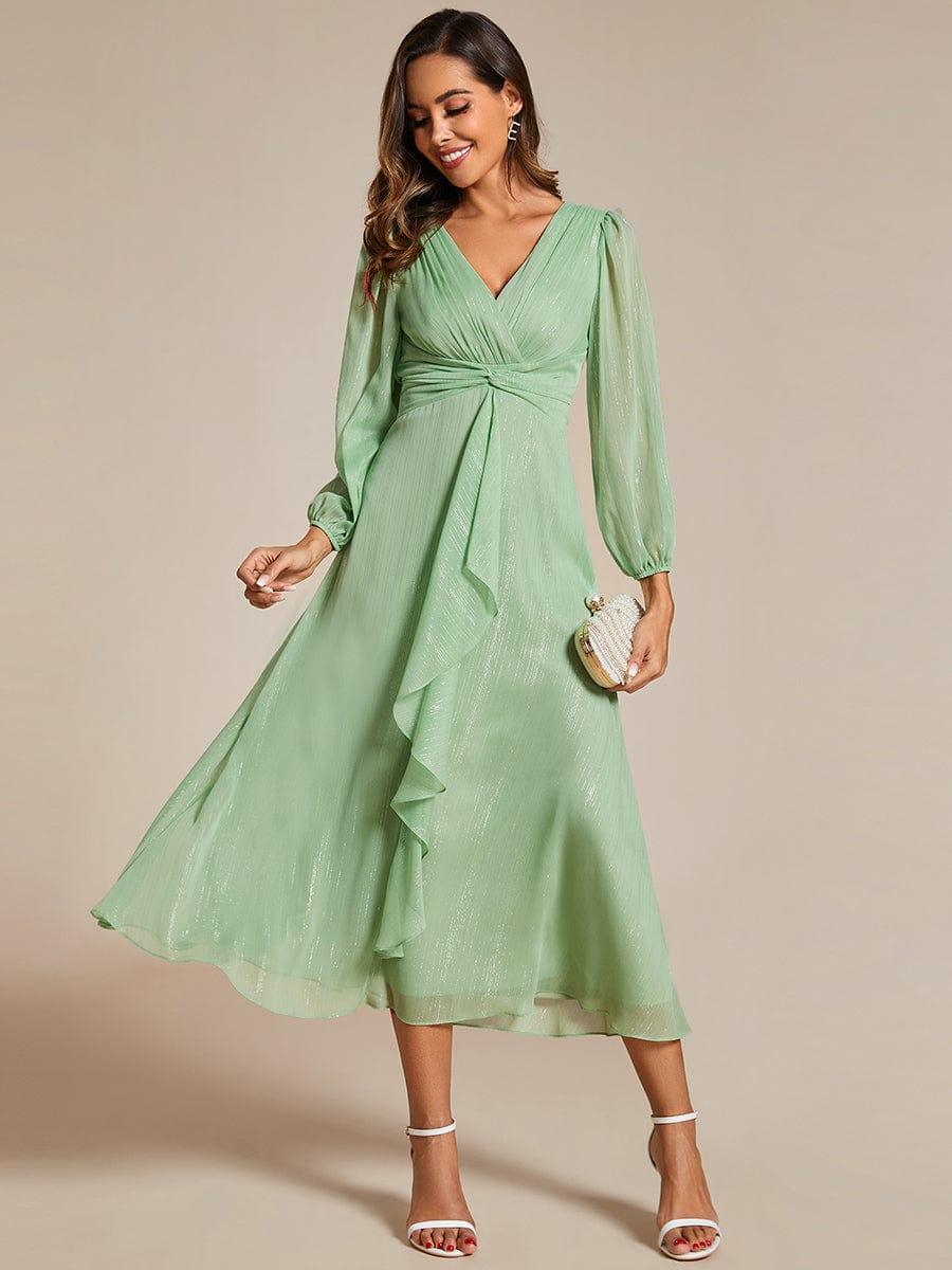 Robe d'invit¨¦ de mariage trap¨¨ze en mousseline fluide ¨¤ encolure ronde et longueur au genou #farbe_Sommergrün