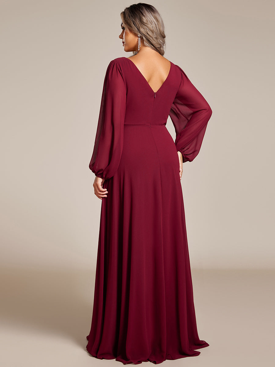 Funkelndes Abendkleid in A-Linie mit Empire-Taille und langen ?rmeln #farbe_Burgunderrot