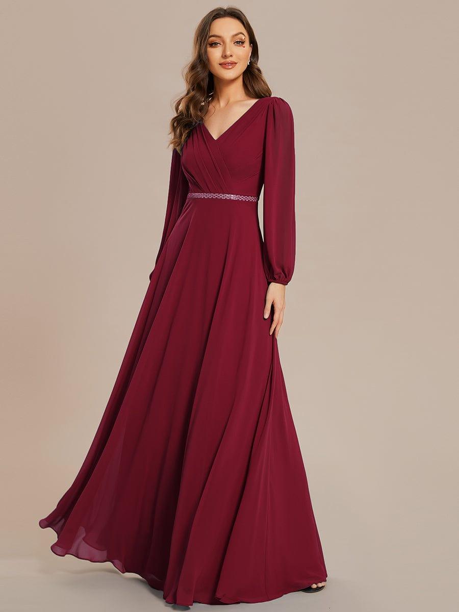 Funkelndes Abendkleid in A-Linie mit Empire-Taille und langen ?rmeln #farbe_Burgundy