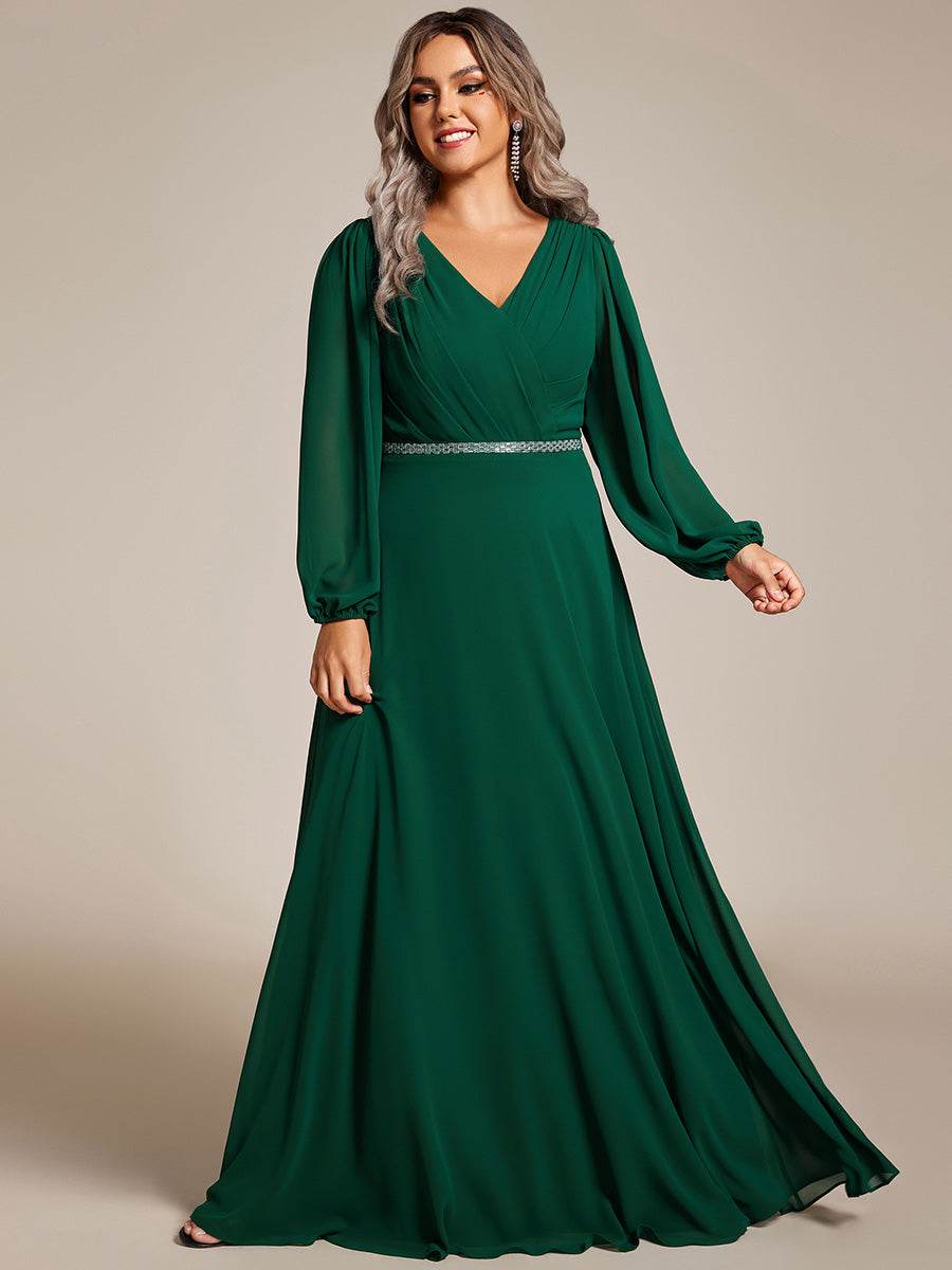 Funkelndes Abendkleid in A-Linie mit Empire-Taille und langen ?rmeln #farbe_Dunkelgrün