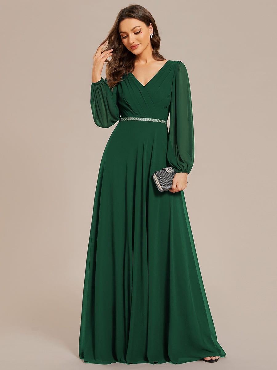 Funkelndes Abendkleid in A-Linie mit Empire-Taille und langen ?rmeln #farbe_Dunkel Gruen