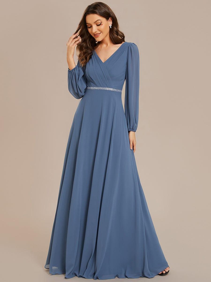 Funkelndes Abendkleid in A-Linie mit Empire-Taille und langen ?rmeln #farbe_Dusty Navy