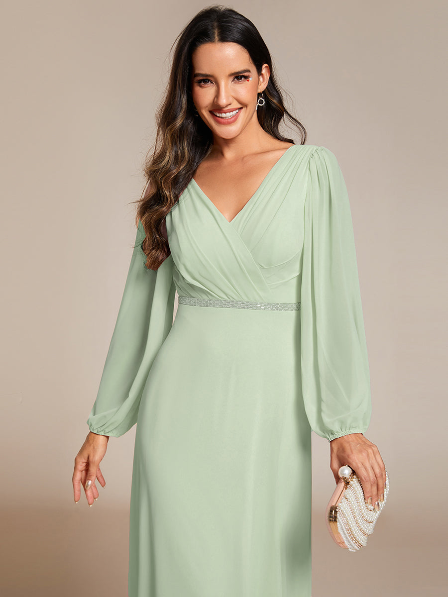 Funkelndes Abendkleid in A-Linie mit Empire-Taille und langen ?rmeln #farbe_Mintgrün