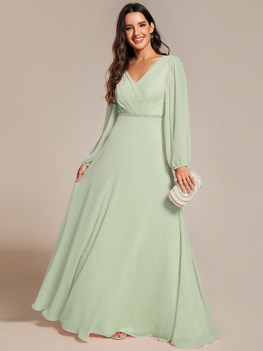 Funkelndes Abendkleid in A-Linie mit Empire-Taille und langen ?rmeln #farbe_Mintgrün