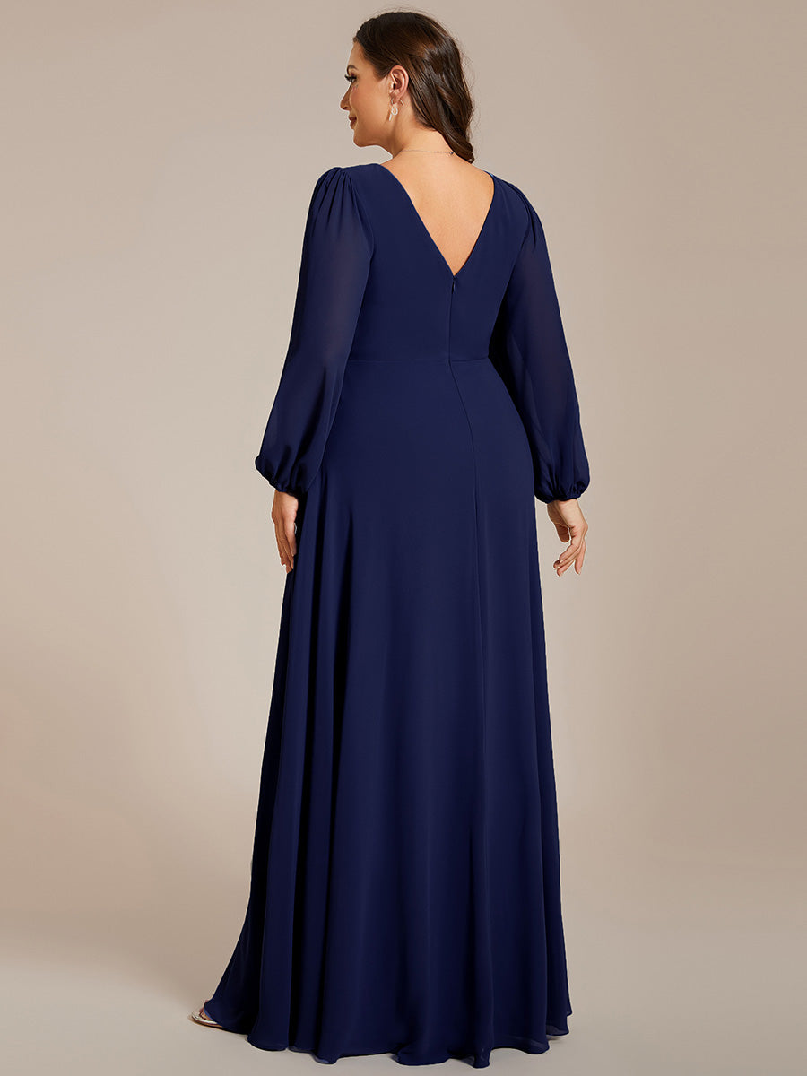 Funkelndes Abendkleid in A-Linie mit Empire-Taille und langen ?rmeln #farbe_Marineblau