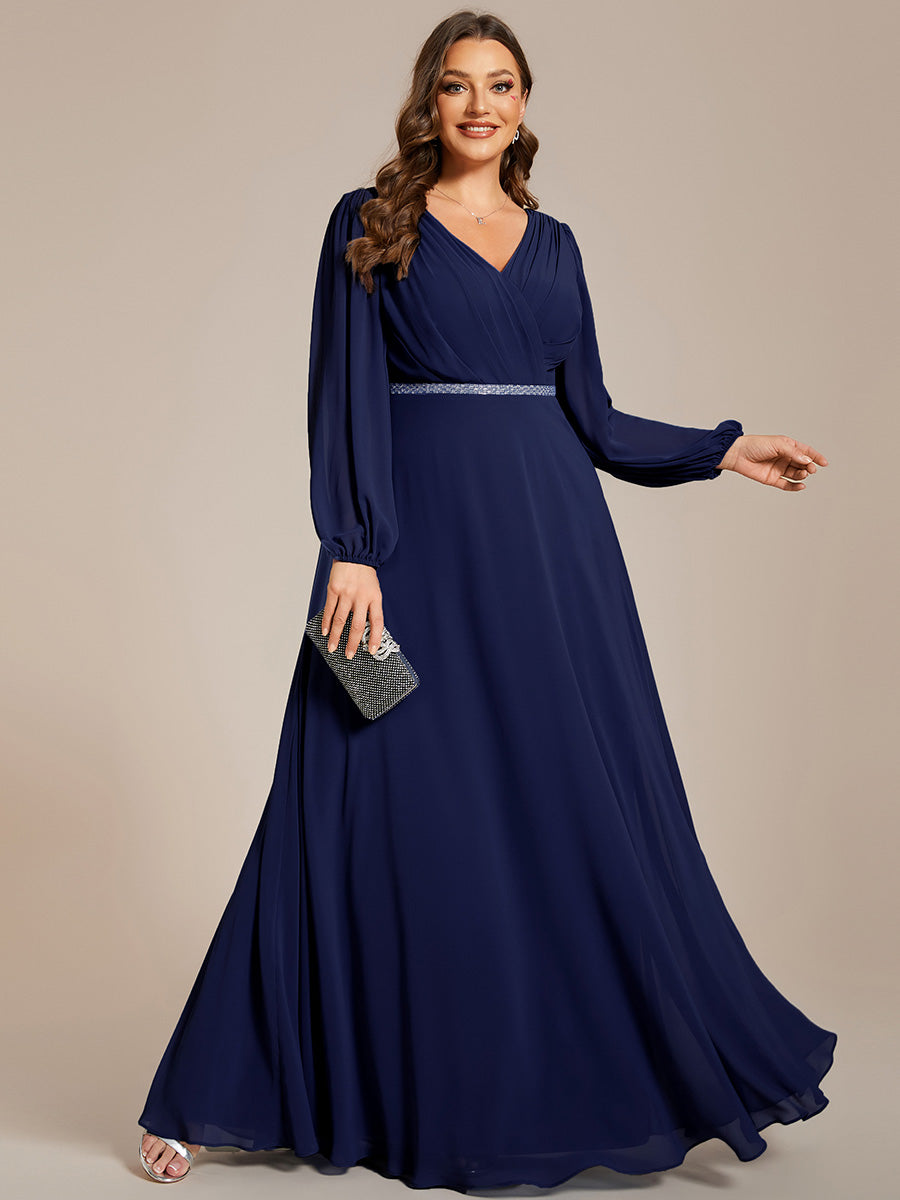 Funkelndes Abendkleid in A-Linie mit Empire-Taille und langen ?rmeln #farbe_Marineblau