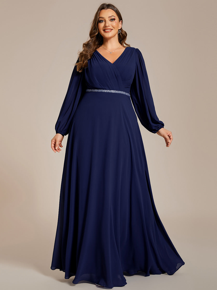 Funkelndes Abendkleid in A-Linie mit Empire-Taille und langen ?rmeln #farbe_Marineblau