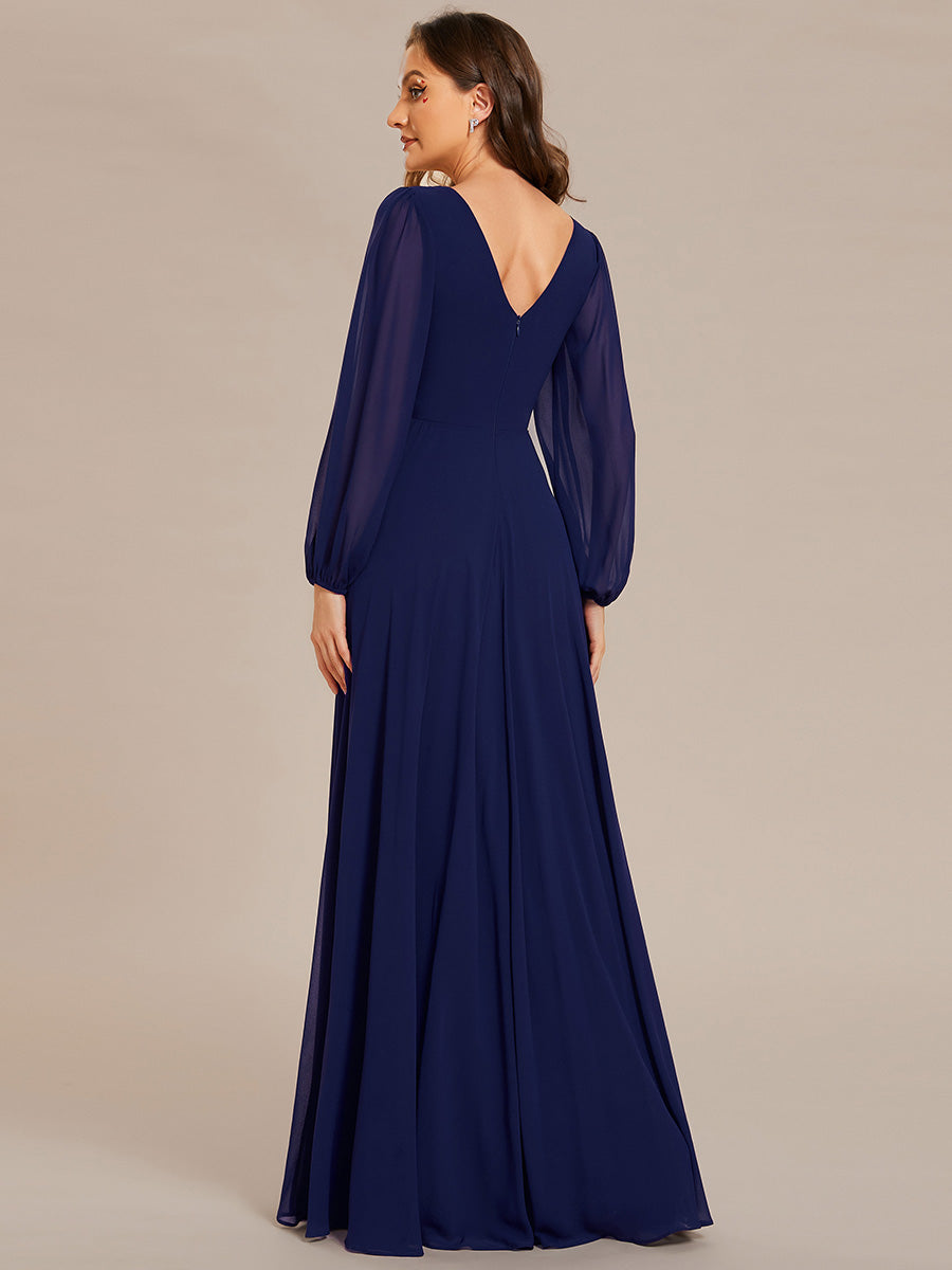 Funkelndes Abendkleid in A-Linie mit Empire-Taille und langen ?rmeln #farbe_Marineblau