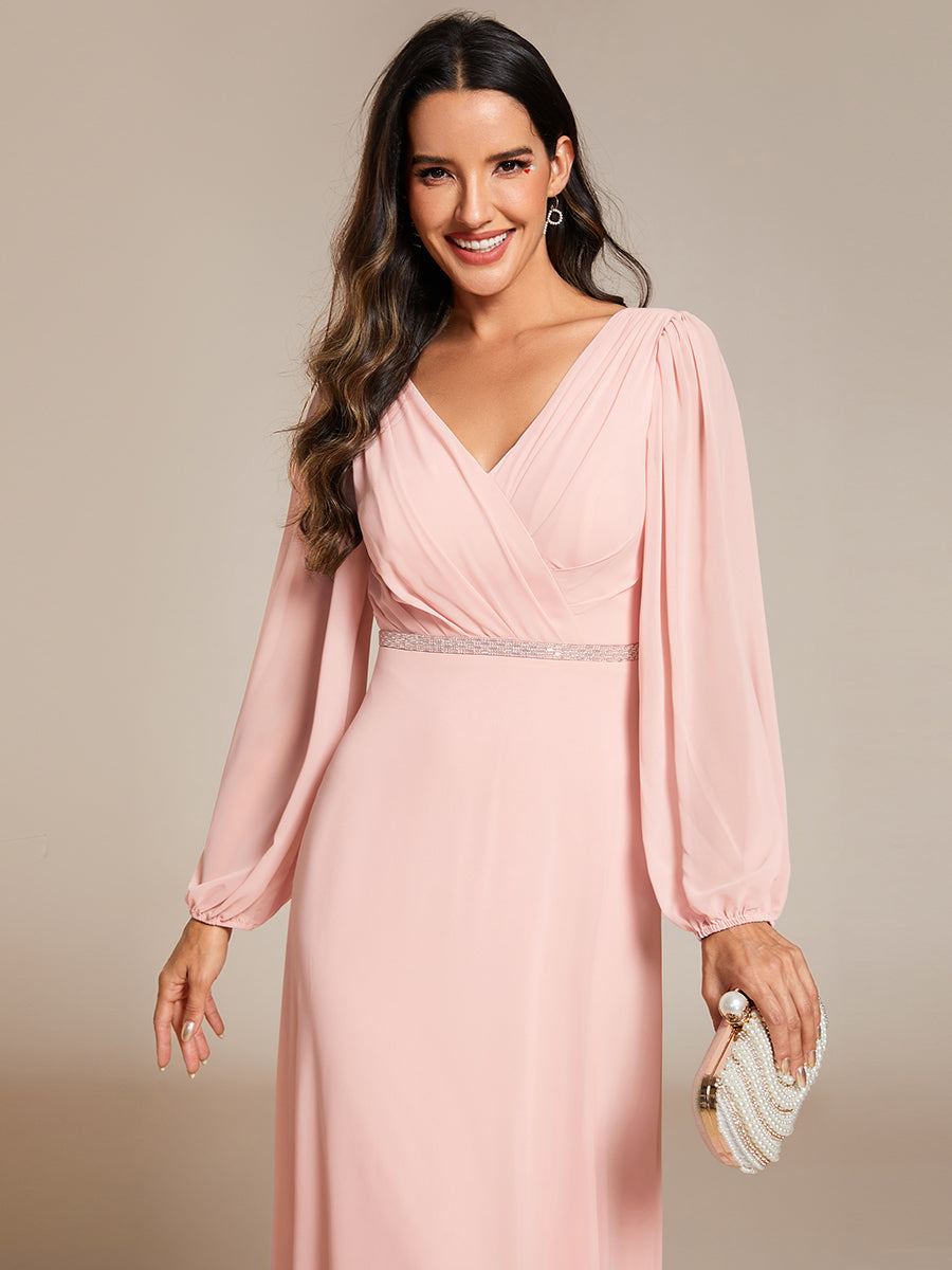 Funkelndes Abendkleid in A-Linie mit Empire-Taille und langen ?rmeln #farbe_Pink