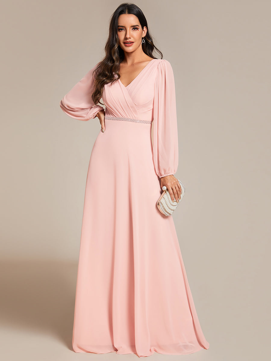 Funkelndes Abendkleid in A-Linie mit Empire-Taille und langen ?rmeln #farbe_Pink