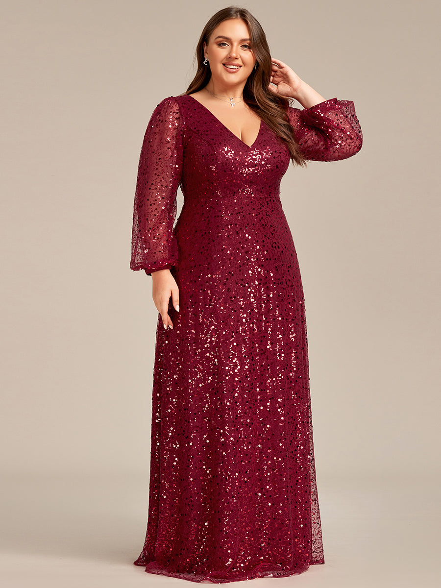 Bodenlanger V-Ausschnitt A-Linie Pailletten Kleid Mit Durchsichtigen Details Funkelnde Eleganz Kleid #Farbe_Burgunderrot