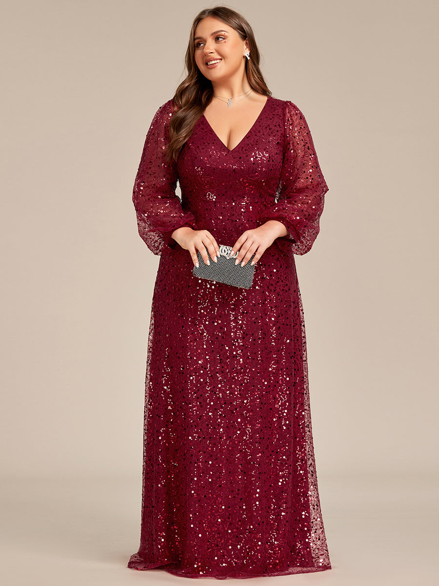 Bodenlanger V-Ausschnitt A-Linie Pailletten Kleid Mit Durchsichtigen Details Funkelnde Eleganz Kleid #Farbe_Burgunderrot