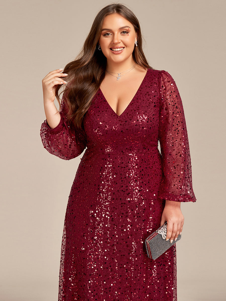 Bodenlanger V-Ausschnitt A-Linie Pailletten Kleid Mit Durchsichtigen Details Funkelnde Eleganz Kleid #Farbe_Burgunderrot