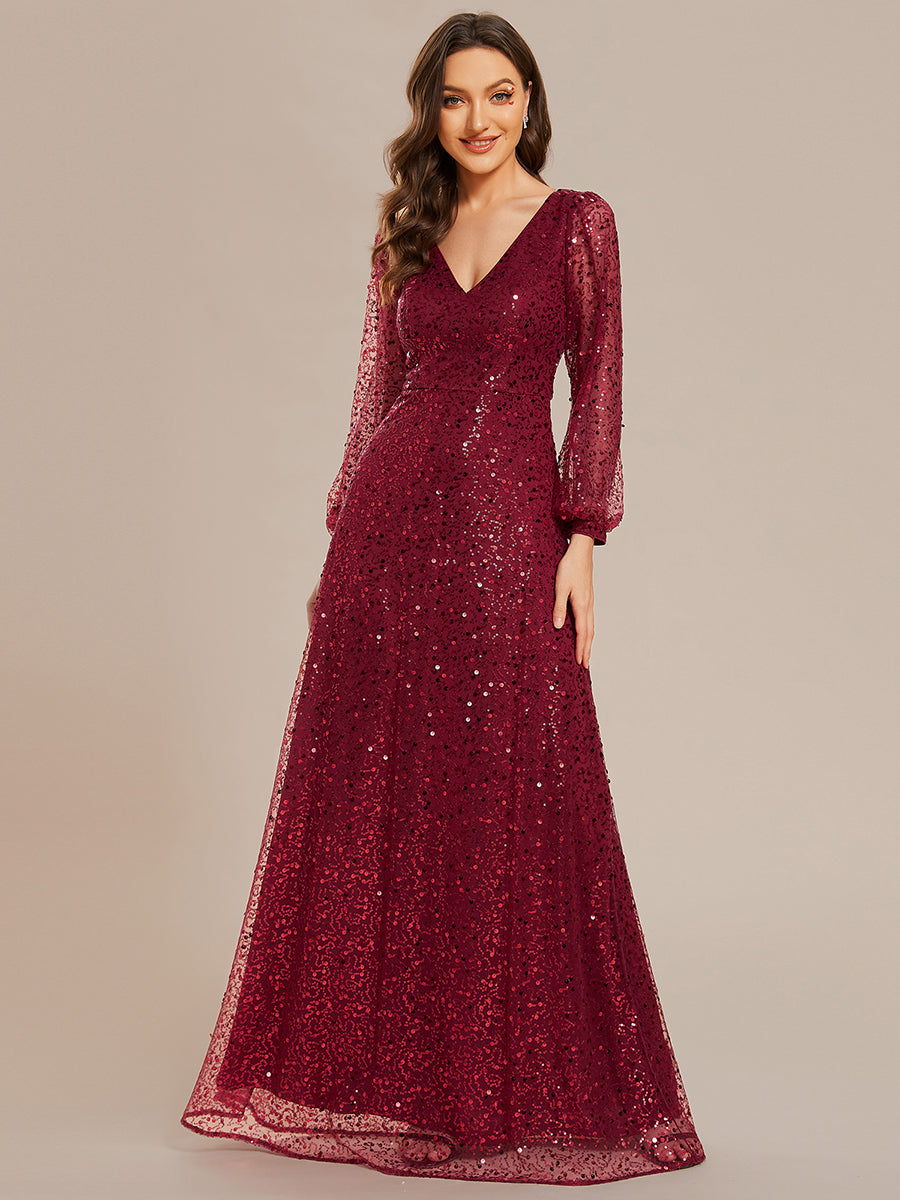 Bodenlanger V-Ausschnitt A-Linie Pailletten Kleid Mit Durchsichtigen Details Funkelnde Eleganz Kleid #Farbe_Burgunderrot