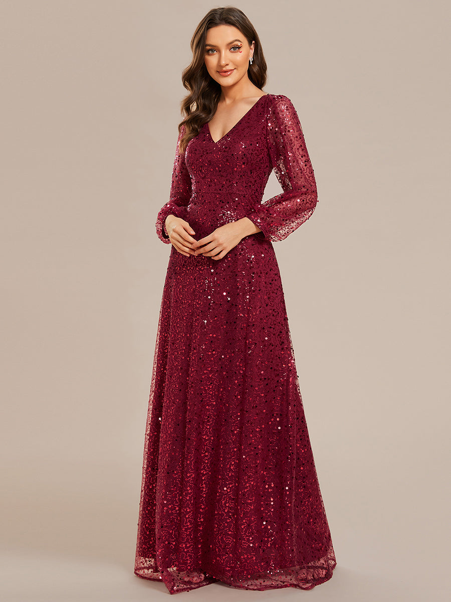 Bodenlanger V-Ausschnitt A-Linie Pailletten Kleid Mit Durchsichtigen Details Funkelnde Eleganz Kleid #Farbe_Burgunderrot