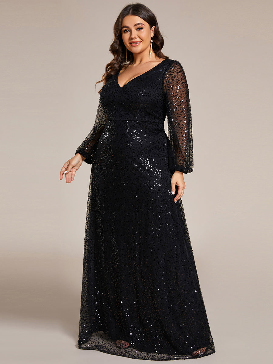 Bodenlanger V-Ausschnitt A-Linie Pailletten Kleid Mit Durchsichtigen Details Funkelnde Eleganz Kleid #Farbe_Schwarz